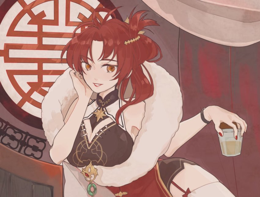 1girl :d alcohol bare_shoulders breasts china_dress chinese_clothes cleavage cup dress grin holding holding_cup honkai_(series) honkai_impact_3rd large_breasts lipstick looking_at_viewer makeup mogomaco murata_himeko murata_himeko_(vermillion_knight) murata_himeko_(vernal_brocade) nail_polish open_mouth red_dress red_hair red_nails smile solo teeth window wine yellow_eyes
