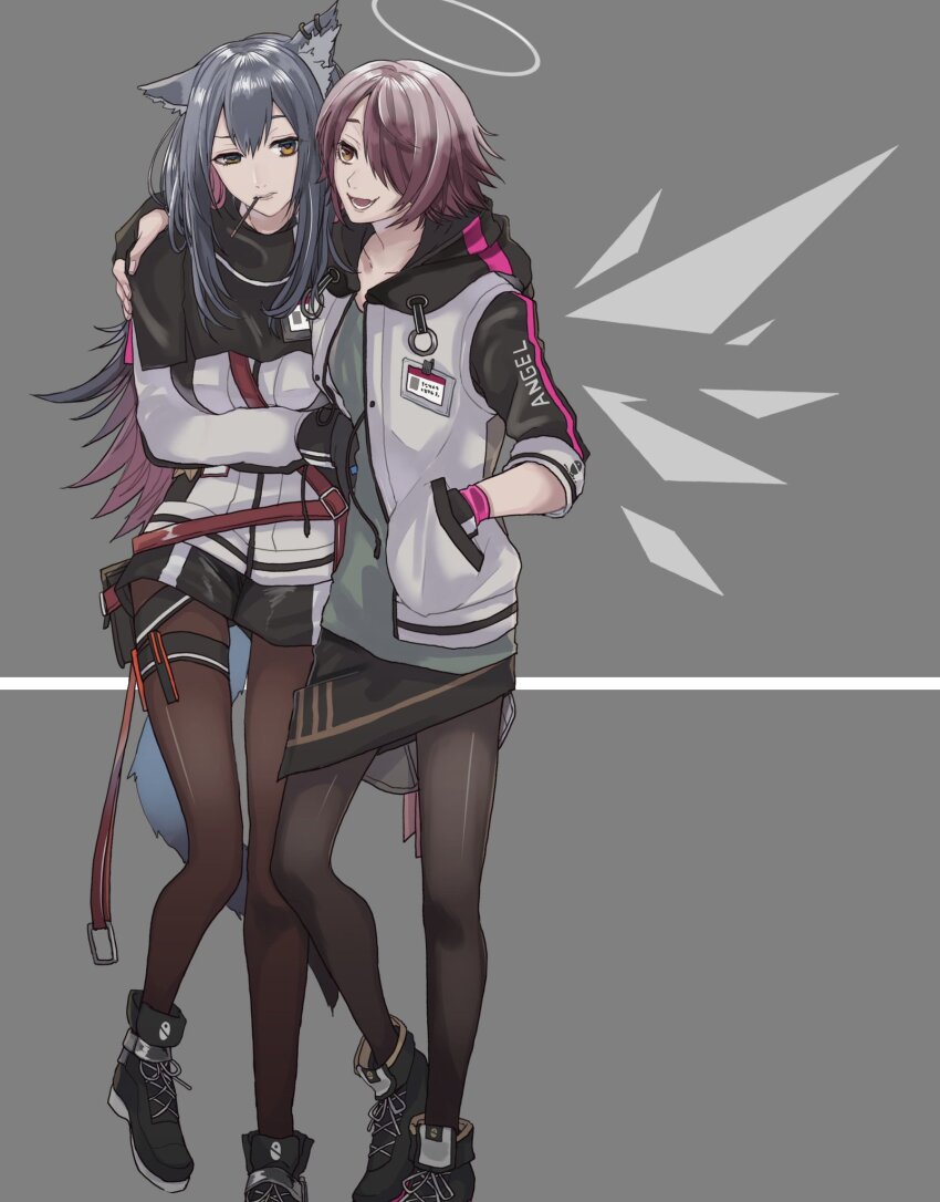 2girls animal_ear_fluff animal_ears arknights arm_over_head bad_id bad_twitter_id black_gloves black_hair black_pantyhose black_shoes black_shorts brown_pantyhose commentary_request detached_wings exusiai_(arknights) fingerless_gloves food food_in_mouth gloves grey_background hair_between_eyes hair_over_one_eye halo highres hood hood_down hooded_jacket inactive_account jacket long_hair long_sleeves looking_at_another multiple_girls namelessdayo0 open_clothes open_jacket open_mouth pantyhose pocky pocky_in_mouth purple_hair raglan_sleeves shoes short_hair short_shorts shorts simple_background single_ear_down smile standing tail texas_(arknights) traditional_halo uneven_eyes white_jacket wings wolf_ears wolf_girl wolf_tail