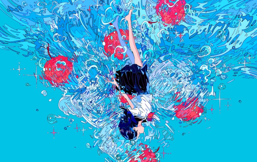 1girl air_bubble bare_legs barefoot blue_background blue_hair blue_skirt blue_theme bubble closed_eyes highres jellyfish medium_hair messy n79oqc3yja6jlof original plaid_clothes plaid_skirt sailor_collar school_uniform shirt skirt sparkle underwater upside-down white_shirt