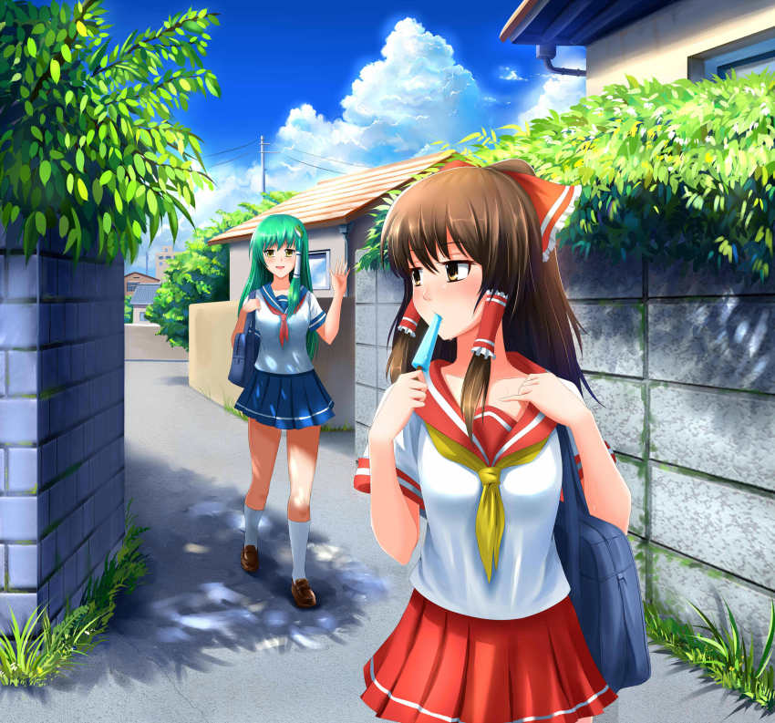 2girls alternate_costume brown_hair cloud contemporary day female_focus food green_hair hakurei_reimu highres kochiya_sanae legs multiple_girls popsicle school_uniform serafuku touhou town walking windtalker