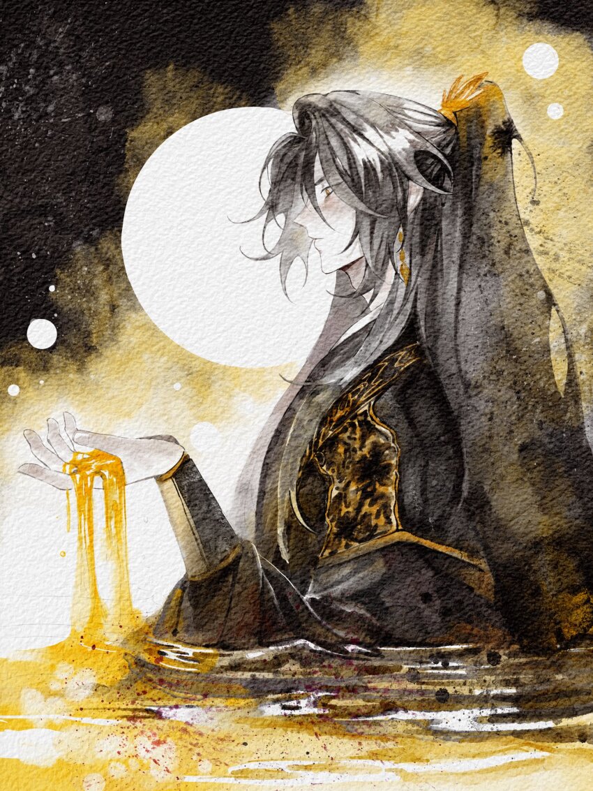1boy adam&#039;s_apple black_hair black_hanbok blood blood_in_water chinese_clothes closed_mouth earrings falling_shark from_side gold_earrings hair_tie half_updo hanbok hanfu high_ponytail highres holding_water in_water jewelry jinhongi korean_clothes korean_commentary long_hair long_sleeves looking_down male_focus painting_(medium) ponytail solo traditional_media watercolor_(medium) yellow_eyes zaha zhijupao