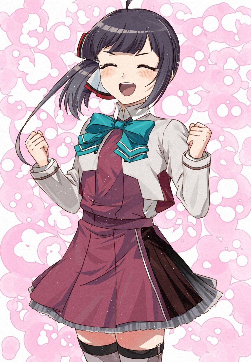 1girl blue_bow blue_bowtie blush bow bowtie clenched_hands closed_eyes commentary_request commission fujinami_(kancolle) fujinami_kai_ni_(kancolle) gradient_hair grey_jacket grey_thighhighs hair_ribbon highres jacket kanmiya_shinobu kantai_collection long_sleeves multicolored_hair open_mouth purple_hair ribbon school_uniform simple_background skeb_commission solo thighhighs