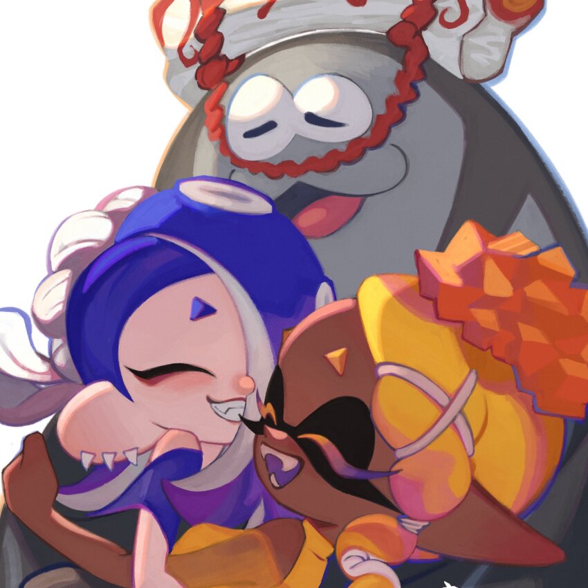 1boy 2girls big_man_(splatoon) blonde_hair blue_hair cephalopod_eyes dark-skinned_female dark_skin earrings frye_(deep_cut_outfit)_(splatoon) frye_(splatoon) hat highres hug inkling jewelry ka1_(k4k37) manta_ray multiple_earrings multiple_girls nintendo octoling pointy_ears poncho shawl shiver_(deep_cut_outfit)_(splatoon) shiver_(splatoon) smile splatoon_(series) splatoon_3 suction_cups tentacle_hair tooth_earrings yellow_shawl