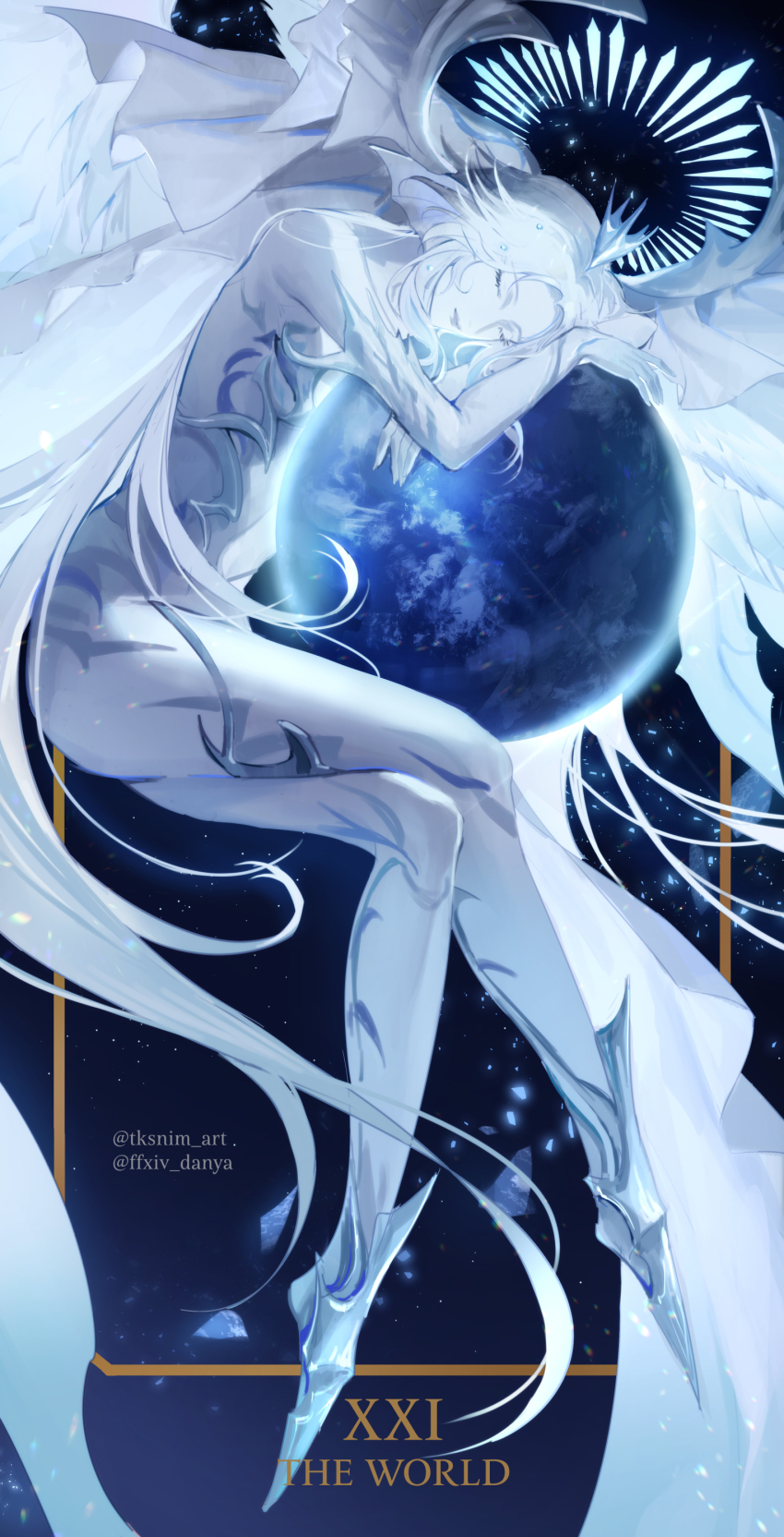 1girl absurdres blue_bodysuit blue_skin blue_theme bodysuit card_(medium) closed_eyes colored_skin commentary crossed_arms crossed_legs english_commentary facing_viewer final_fantasy final_fantasy_xiv fins floating from_side full_body giant giantess glowing halo head_fins head_rest head_wings headpiece highres hydaelyn long_hair multiple_wings planet shards smile solo space tarot tarot_(medium) the_world_(tarot) tk_(tksnim) twitter_username very_long_hair white_hair white_wings wings
