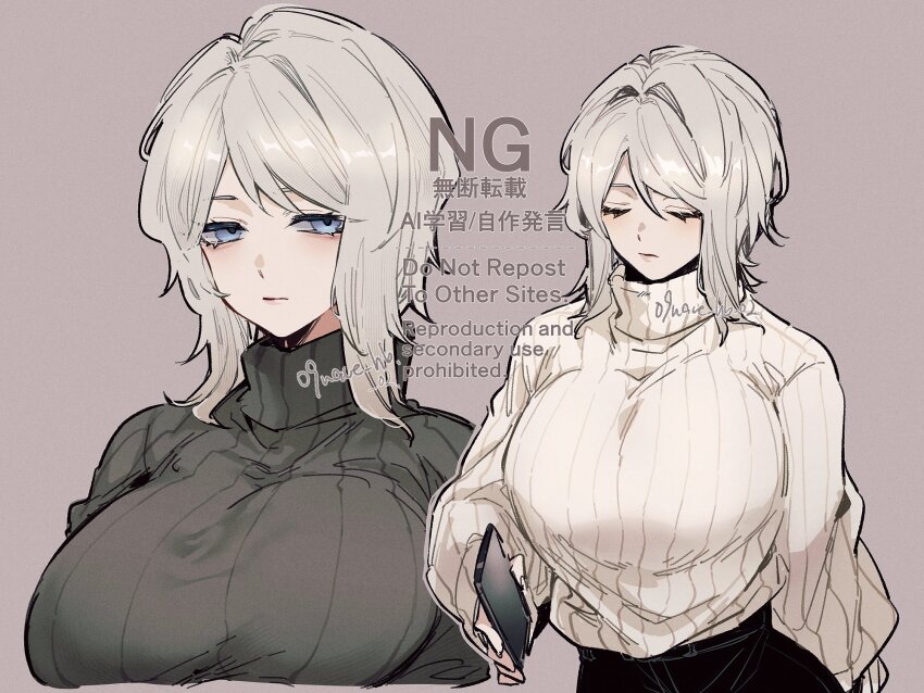 1girl black_pants blue_eyes breasts cellphone closed_eyes closed_mouth faust_(project_moon) grey_sweater high-waist_pants highres holding holding_phone huge_breasts limbus_company long_hair pants phone project_moon ribbed_sweater short_hair smartphone solo sweater very_long_hair vx7givcony78710 white_hair white_sweater