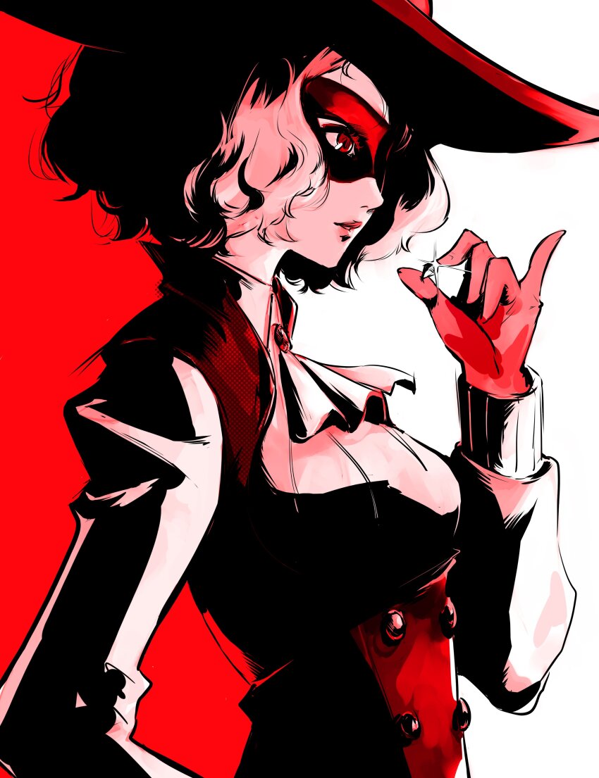 1girl absurdres ascot breasts buttons eye_mask fluffy_hair from_side glint gloves hand_up hat highres holding junoracle lips long_sleeves medium_hair noir_(persona_5) okumura_haru parted_lips persona persona_5 pinky_out puffy_long_sleeves puffy_sleeves red_eyes red_gloves red_lips red_theme solo upper_body