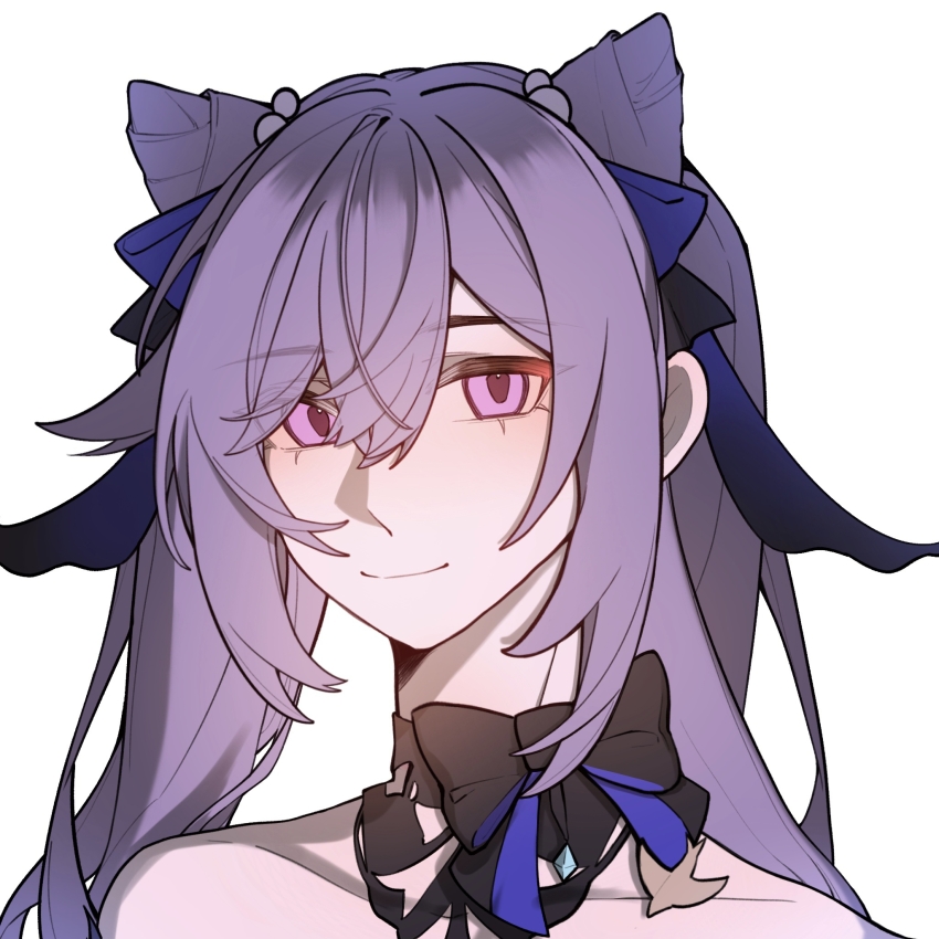 1girl bare_shoulders be_fond_of black_bow black_choker bow choker cone_hair_bun genshin_impact hair_bun hair_ribbon highres keqing_(genshin_impact) keqing_(opulent_splendor)_(genshin_impact) long_hair looking_at_viewer official_alternate_costume portrait purple_eyes purple_hair ribbon sidelocks simple_background solo white_background