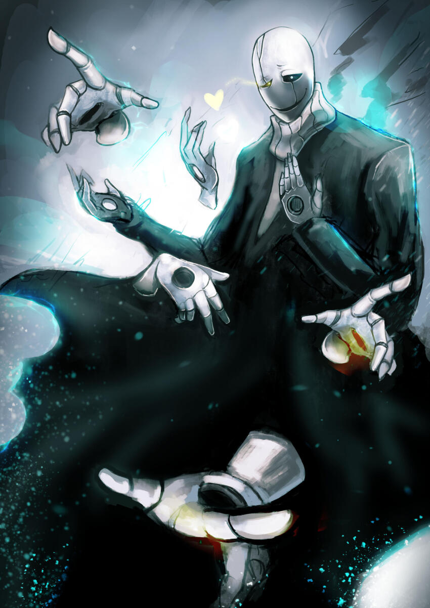 1boy absurdres deltarune gangster gyate_gyate highres hole_in_hand hollow_eyes hollow_mouth long_sleeves looking_at_viewer meganosuke shirt skeleton smile stigmata striped_clothes striped_shirt striped_sweater sweater turtleneck undertale uneven_eyes w.d._gaster