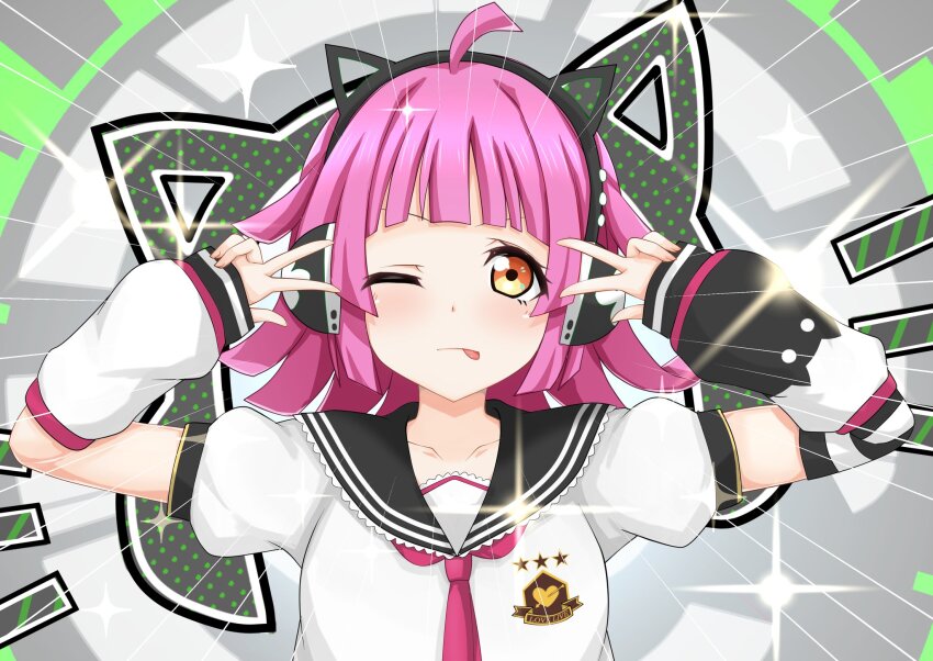 1girl ahoge animal_ear_headphones animal_ears black_sailor_collar blunt_ends blush breasts cat_ear_headphones commentary_request detached_sleeves double_v emotional_engine_-_full_drive emphasis_lines expressionless fake_animal_ears grey_background hands_up headphones highres kinnikku looking_at_viewer love_live! love_live!_nijigasaki_high_school_idol_club neckerchief one_eye_closed pink_hair pink_neckerchief polka_dot puffy_short_sleeves puffy_sleeves sailor_collar shirt short_hair short_sleeves small_breasts solo sparkle tennoji_rina tongue tongue_out v white_shirt white_sleeves yellow_eyes