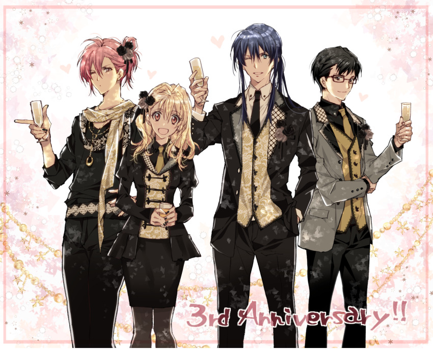 1girl 3boys ;o alcohol androgynous anesagi_kaoru anniversary armband black-framed_eyewear black_armband black_eyes black_flower black_hair black_necktie black_pants black_ribbon black_rose black_shirt black_skirt black_sweater blazer blonde_hair blue_eyes blue_hair brown_eyes buttons champagne champagne_flute closed_mouth collared_jacket collared_shirt commentary_request cowboy_shot cup denim dress_pants drink drinking_glass feather_trim floral_print flower formal_clothes glasses grey_flower grey_jacket grey_pantyhose grey_rose hair_between_eyes hair_flower hair_ornament hair_ribbon hair_rings hand_on_own_elbow hand_on_own_hip happy heart height_difference holding holding_drink idolish7 jacket jeans jewelry juliet_sleeves lapel_pin lapels layered_sleeves light_particles long_hair long_sleeves looking_at_viewer medium_skirt multiple_boys necklace necktie notched_lapels okazaki_rinto one_eye_closed oogami_banri open_clothes open_jacket open_mouth outside_border pants pantyhose parted_lips pencil_skirt pink_background pink_hair ponytail puffy_sleeves ribbon rose scarf shirt short_hair sidelocks single_hair_ring skirt smile standing straight_hair sweater takanashi_tsumugi tanemura_arina tareme teeth three-quarter_sleeves two-tone_background updo vest white_background white_shirt yellow_necktie yellow_scarf yellow_vest