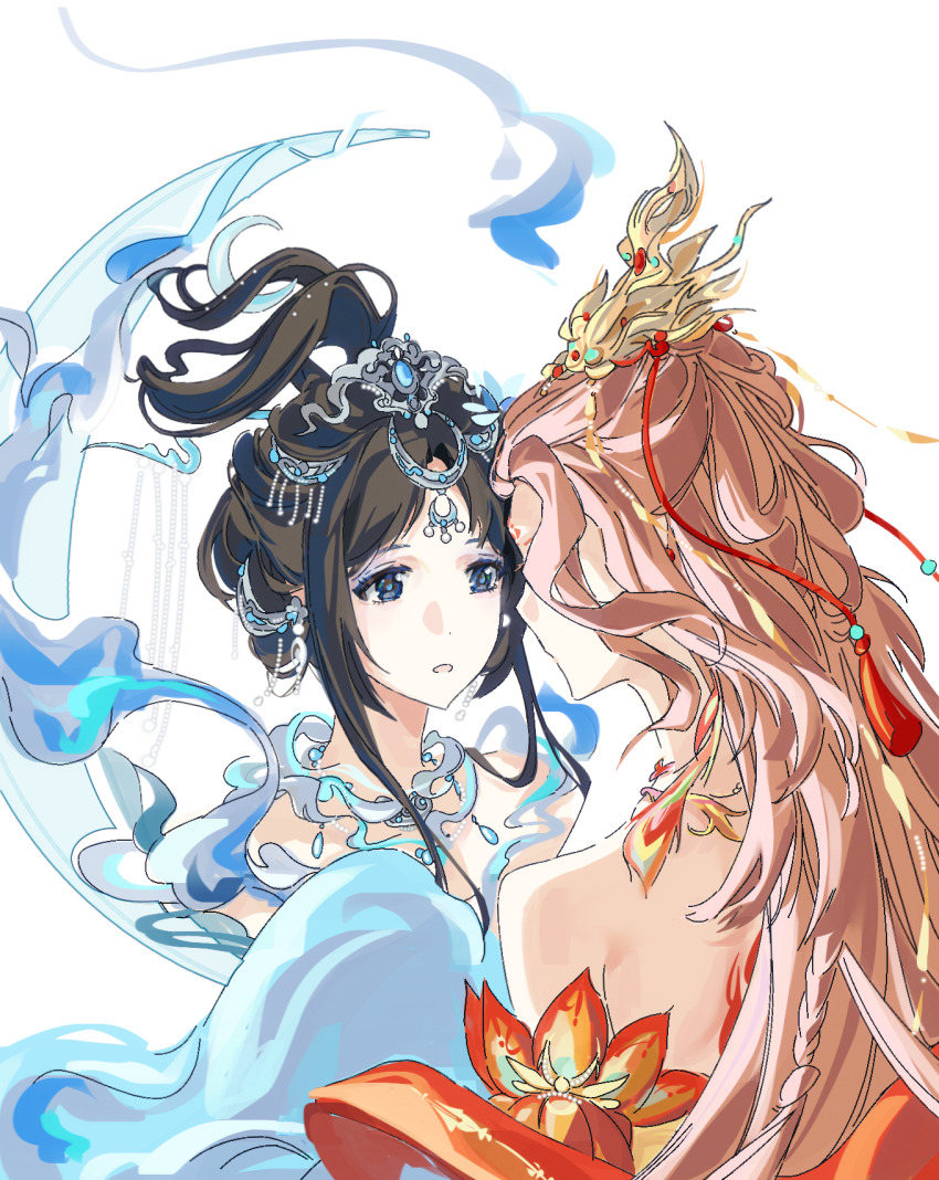 2girls bare_shoulders black_hair blue_eyes blue_eyeshadow blue_hanfu braid chinese_clothes circlet crescent crown detached_collar dot_nose earrings eyeshadow face-to-face feather_hair_ornament feathers gold_crown hair_ornament hair_rings hanfu high_ponytail highres jewelry jintianshigehaotianqine long_hair long_sleeves looking_at_another makeup mirrored_bright_moon_(shining_nikki) multiple_braids multiple_girls necklace nikki_(series) off_shoulder parted_lips pink_hair ponytail red_shawl shawl shining_nikki short_hair_with_long_locks short_ponytail shoulder_blades simple_background sleeves_past_fingers sleeves_past_wrists smoke sun_falls_on_9_crows_(shining_nikki) tassel tassel_hair_ornament updo upper_body white_background wide_sleeves yellow_hanfu