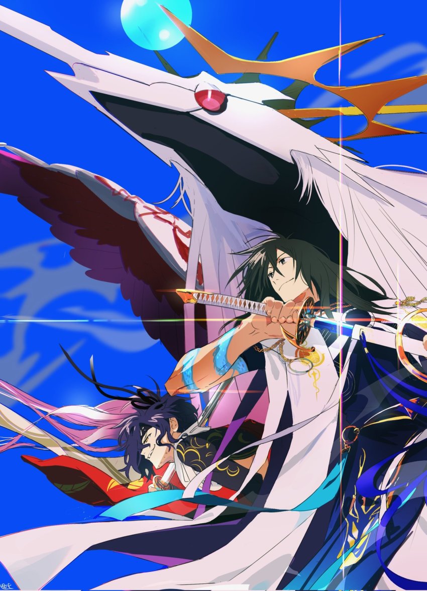 2boys alternate_costume arm_tattoo black_hair blue_background closed_mouth dragon drawing_sword fate/grand_order fate_(series) feet_out_of_frame hadanugi_dousa hair_over_one_eye highres holding holding_sword holding_weapon horns japanese_clothes katana kimono long_hair looking_away multiple_boys okada_izou_(fate) okada_izou_(third_ascension)_(fate) open_clothes open_kimono oryou_(fate) oryou_(lancer)_(fate) over_shoulder pectorals pirohi_(pirohi214) ponytail purple_hair red_eyes sakamoto_ryouma_(fate) sakamoto_ryouma_(lancer)_(fate) scarf shrug_(clothing) simple_background smile solo sword sword_over_shoulder tattoo teeth upper_teeth_only very_long_hair weapon weapon_over_shoulder white_fur wings yellow_eyes