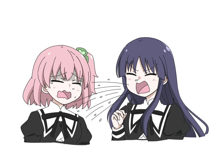 2girls =_= arm_at_side arms_at_sides assault_lily black_ribbon blush closed_eyes clover_hair_ornament commentary_request cropped_jacket cropped_torso hair_ornament hand_up highres hitotsuyanagi_riri juliet_sleeves long_hair long_sleeves multiple_girls neck_ribbon one_side_up open_mouth pink_hair puffy_sleeves purple_hair raised_eyebrows ribbon runny_nose school_uniform shirai_yuyu shirt short_hair sidelocks simple_background sneezing snot tearing_up turn_pale unu_(yayoinoasagohan) upper_body v-shaped_eyebrows wavy_mouth white_background white_shirt yurigaoka_girls_academy_school_uniform