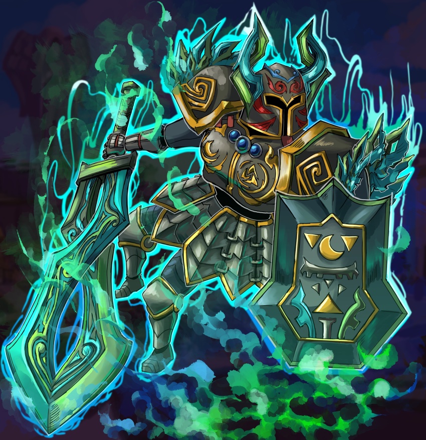 absurdres alternate_costume alternate_form armor aura blue_gemstone chest_jewel commentary corruption crescent crescent_print crossover dark_persona double_helix english_commentary fierce_deity floating gem gloves hal_laboratory helmet highres holding holding_shield holding_sword holding_weapon horns incoming_attack knight looking_to_the_side nintendo pauldrons phantom_(zelda) possessed possession serious shield shoulder_armor stoic_seraphim super_smash_bros. sword the_legend_of_zelda the_legend_of_zelda:_majora&#039;s_mask the_legend_of_zelda:_phantom_hourglass triangle triangle_print weapon