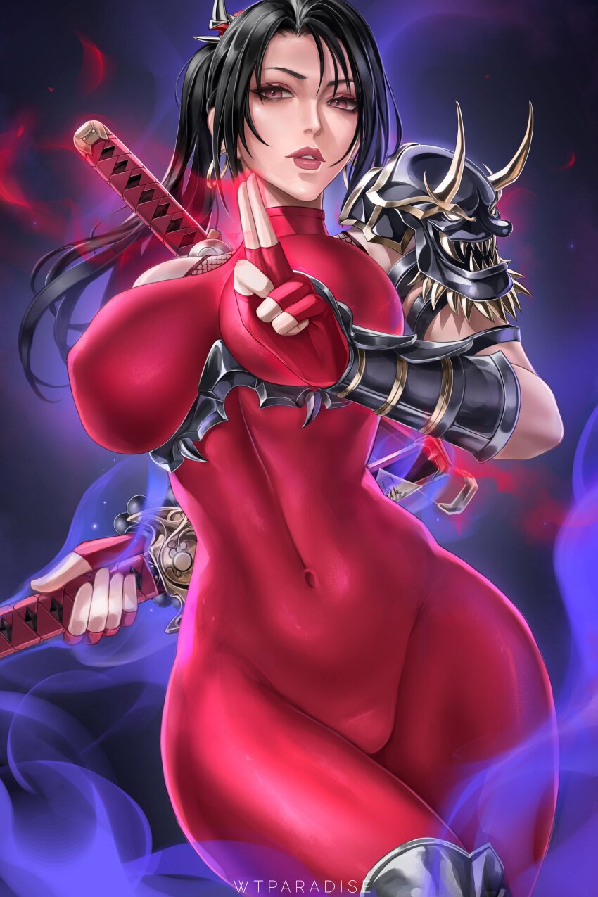 1girl absurdres armor black_hair bodysuit breasts covered_navel cowboy_shot highres impossible_bodysuit impossible_clothes kuji-in large_breasts parted_lips ponytail red_bodysuit shoulder_armor solo soul_calibur sword taki_(soulcalibur) weapon wtparadise