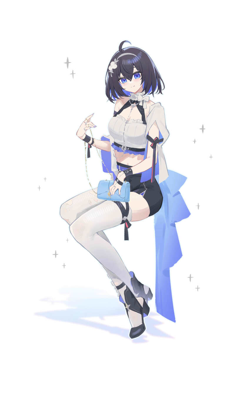 1girl absurdres ahoge alternate_costume arm_cutout bag black_hair black_shoes black_shorts blue_eyes blue_hair blue_nails breasts chinese_commentary closed_mouth colored_inner_hair commentary_request crop_top full_body hair_between_eyes handbag high-waist_shorts high_heels highres holding holding_bag honkai_(series) honkai_impact_3rd invisible_chair looking_at_viewer medium_breasts midriff multicolored_hair nail_polish pmg seele_vollerei shirt shoes short_hair shorts simple_background single_bare_shoulder sitting smile solo thighhighs thighs white_background white_shirt white_thighhighs