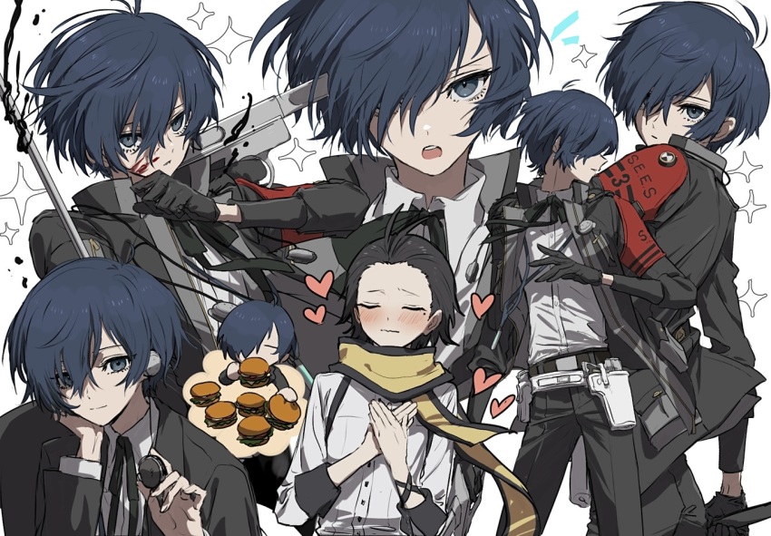 2boys black_gloves black_hair black_jacket black_pants black_ribbon blood blood_on_face blue_eyes blue_hair burger closed_eyes closed_mouth earphones eating evoker food gekkoukan_high_school_uniform gloves gun gun_to_head hair_over_one_eye handgun heart holding holding_burger holding_food holding_gun holding_weapon holster jacket male_focus mochizuki_ryouji mole mole_under_eye multiple_boys multiple_views neck_ribbon open_clothes open_jacket open_mouth pants persona persona_3 ribbon scarf school_uniform shirt simple_background suspenders tamaon_2525 weapon white_background white_shirt yaoi yellow_scarf yuuki_makoto_(persona_3)