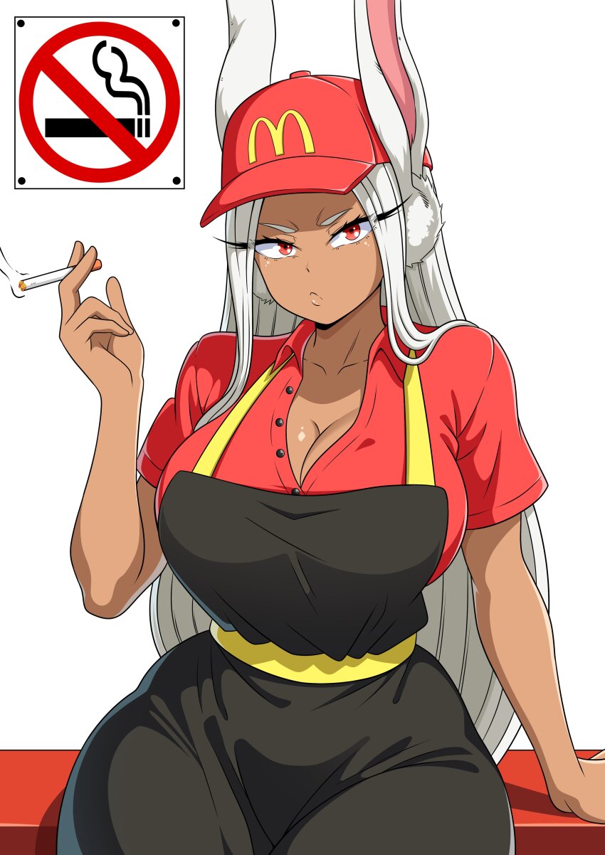 1girl :c absurdres alternate_costume animal_ears apron black_apron boku_no_hero_academia breasts cigarette cleavage collarbone collared_shirt commentary dark-skinned_female dark_skin english_commentary hair_over_shoulder hand_up hat highres holding holding_cigarette large_breasts long_eyelashes long_hair looking_at_viewer mcdonald&#039;s mirko no_smoking parted_bangs partially_unbuttoned rabbit_ears rabbit_girl red_eyes red_hat red_shirt shirt sign sitting solo theoiledone v-shaped_eyebrows very_long_hair white_hair wide_hips