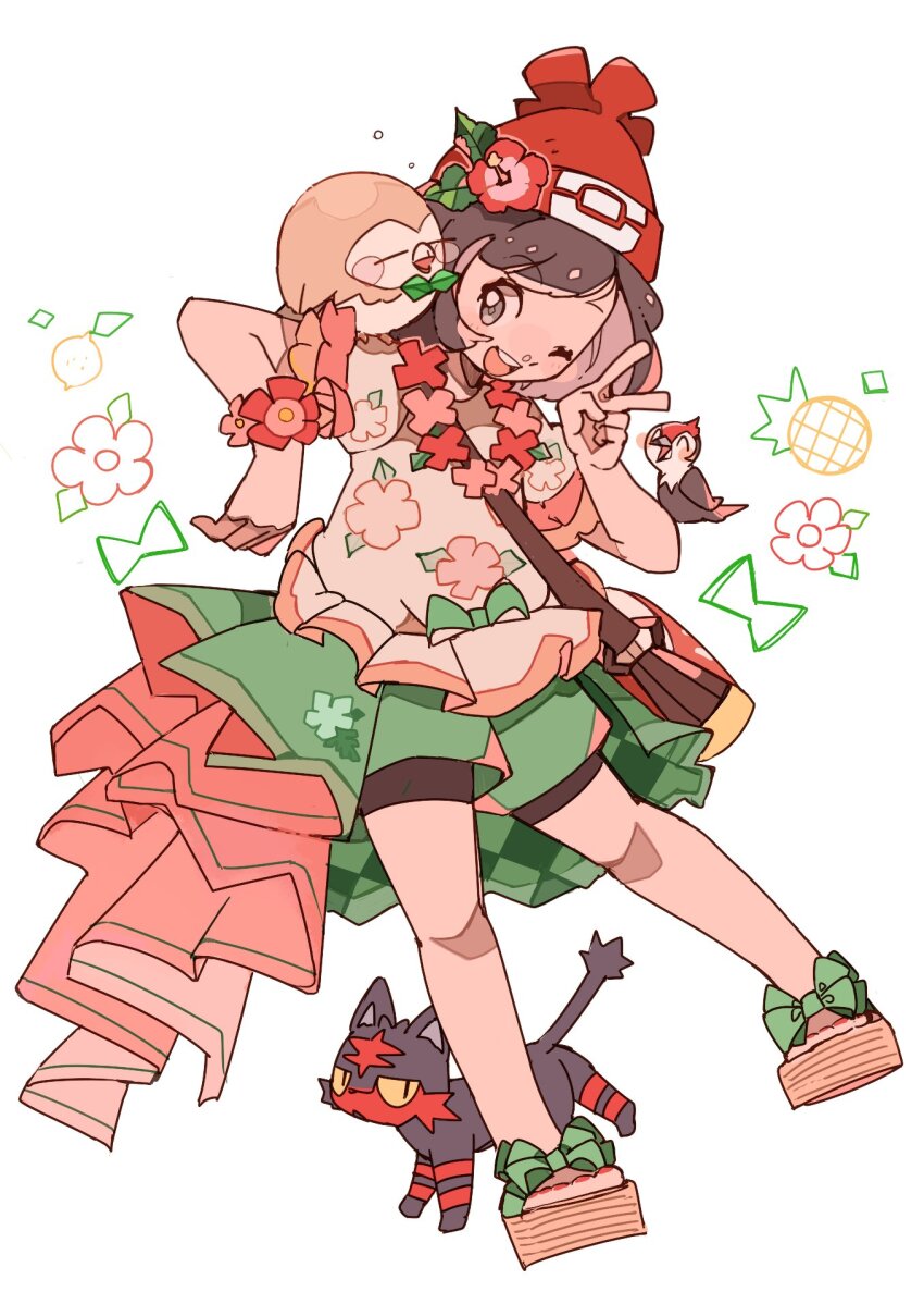 1girl ^_^ adapted_costume alternate_costume bag beanie bird black_eyes black_fur black_hair blush blush_stickers bow bracelet cat closed_eyes colored_sclera floral_print floral_print_shirt flower flower_bracelet flower_necklace flower_ornament food fruit gen_7_pokemon green_bow green_shorts green_skirt grey_eyes half-closed_eyes hand_up hands_up hat highres jewelry leaf lei lemon litten necklace nintendo nose_bubble okobo on_shoulder one_eye_closed open_mouth owl perching pikipek pineapple pink_skirt platform_sandals pokemon pokemon_(creature) pokemon_on_shoulder pokemon_sm red_fur red_hat rowlet sandals selene_(pokemon) shirt short_hair shorts shoulder_bag showgirl_skirt skirt sleeping slit_pupils smile t-shirt two-sided_fabric two-sided_skirt v woodpecker yellow_eyes yellow_sclera yukikokoro