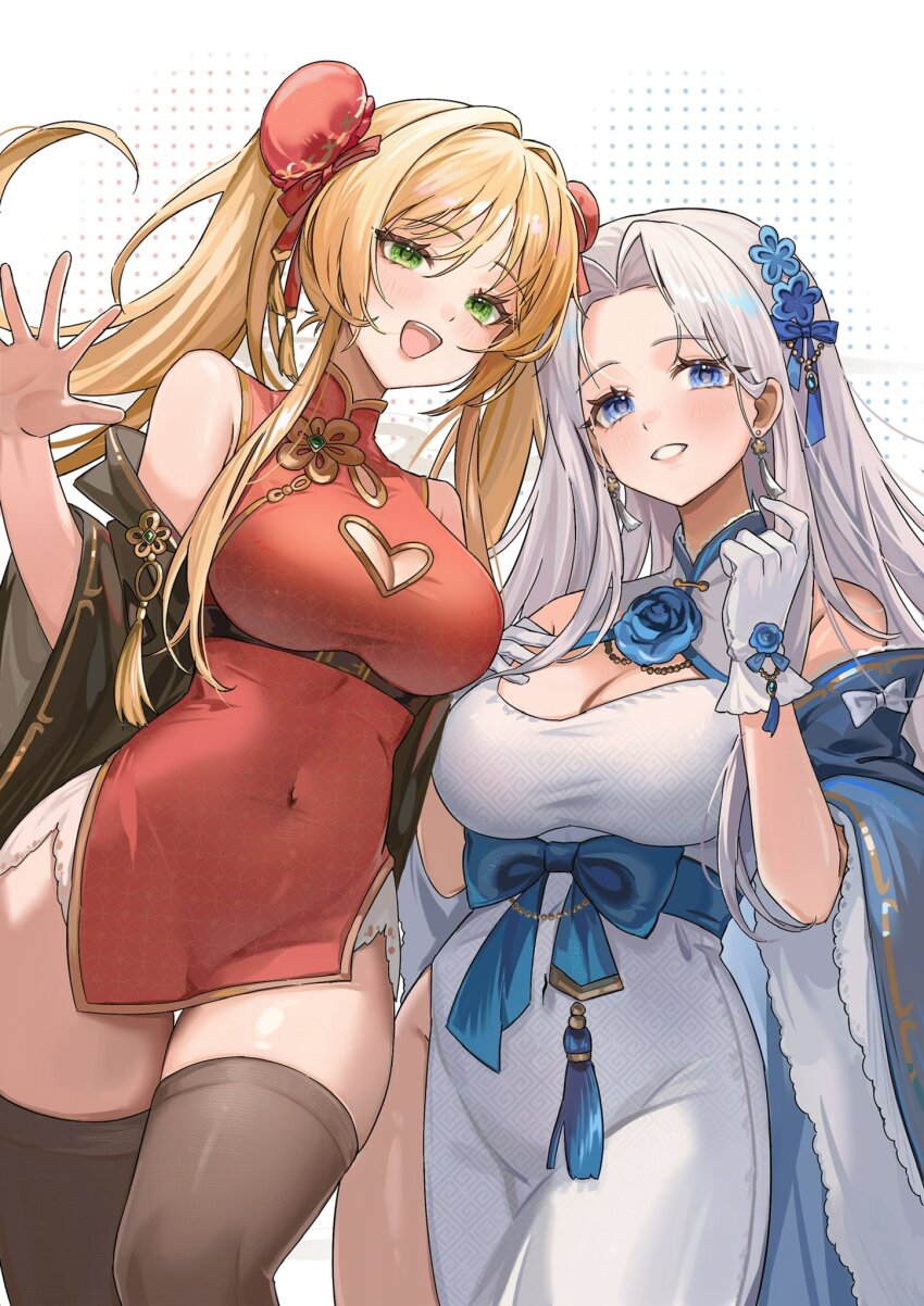 2girls alternate_costume animal_ears ariko azur_lane bare_shoulders blue_bow blue_eyes blue_flower blue_rose blush bow breasts brown_thighhighs bun_cover china_dress chinese_clothes cleavage_cutout clothing_cutout covered_navel cowboy_shot dress earrings flower gloves hair_bow hair_intakes hand_on_own_chest hand_up hashtag-only_commentary heart_cutout highres hornet_(azur_lane) hornet_ii_(azur_lane) jewelry large_breasts multiple_girls off_shoulder open_mouth pelvic_curtain red_bow red_dress red_eyes rose side_slit sidelocks simple_background skindentation smile tassel tassel_earrings teeth thighhighs thighs twintails upper_body upper_teeth_only white_bow white_dress white_gloves white_hair wide_sleeves yorktown_(azur_lane) yorktown_ii_(azur_lane)