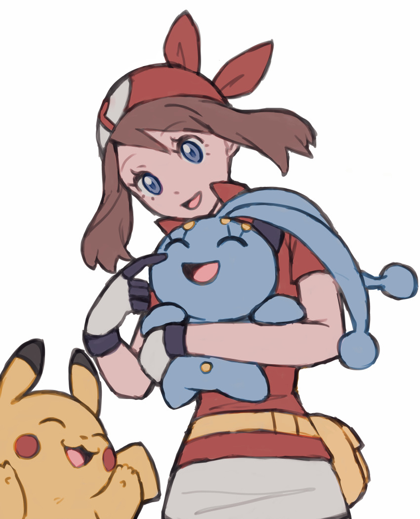 1girl :d absurdres bandana blue_eyes brown_hair commentary_request fanny_pack gen_1_pokemon gen_4_pokemon gloves happy highres holding holding_pokemon legendary_pokemon looking_down manaphy may_(pokemon) mythical_pokemon nintendo open_mouth pikachu pokemon pokemon_(anime) pokemon_(creature) pokemon_ranger_and_the_temple_of_the_sea pokemon_rse_(anime) red_bandana red_shirt shirt short_sleeves simple_background skirt smile tbjj1208 white_background white_skirt yellow_bag