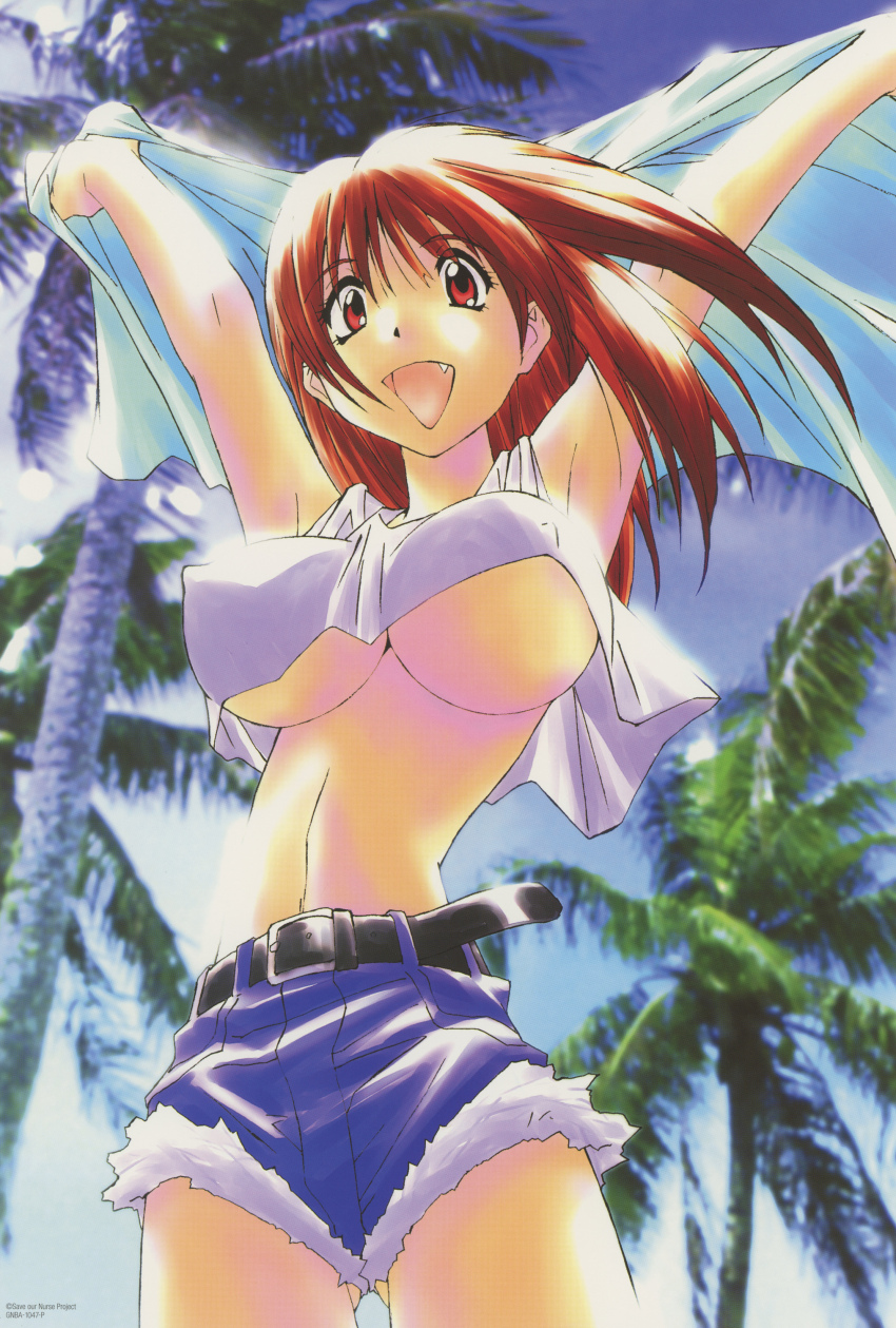 1990s_(style) 1girl absurdres arms_up belt breasts copyright_notice covered_erect_nipples cowboy_shot crop_top day denim fang highres large_breasts long_hair looking_at_viewer mixed_media nanako_kaitai_shinsho non-web_source official_art open_mouth outdoors palm_tree photo_background red_eyes red_hair retro_artstyle scan shichigusa_nanako short_shorts shorts solo standing tree yamashita_toshinari