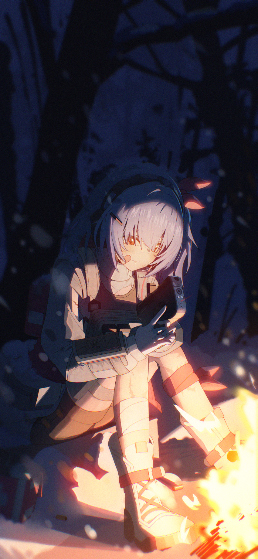 1girl absurdres bandaged_leg bandages bandaid bandaid_on_face bare_tree black_shorts blue_hair bonfire boots closed_mouth colphne_(girls&#039;_frontline_2) commentary full_body girls&#039;_frontline girls&#039;_frontline_2:_exilium gun handgun highres holding holding_gun holding_weapon jacket lace-up_boots mixed-language_commentary night patanda red_eyes scar scar_on_leg short_shorts shorts sitting snow snowing solo taurus_curve tree trigger_discipline weapon white_boots white_jacket winter