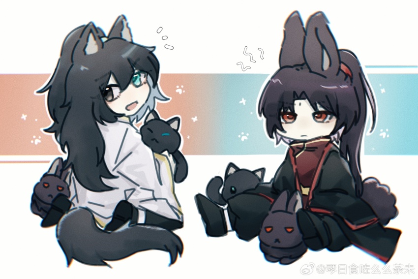 2boys animal_ears aqua_eyes black_coat black_eyes black_hair coat half_updo heterochromia highres hong_lu_(project_moon) jia_huan_(project_moon) limbus_company long_hair long_sleeves mandarin_collar multiple_boys parted_bangs project_moon rabbit rabbit_ears red_eyes red_shirt shirt very_long_hair white_coat wide_sleeves zhizhangertongbaitang