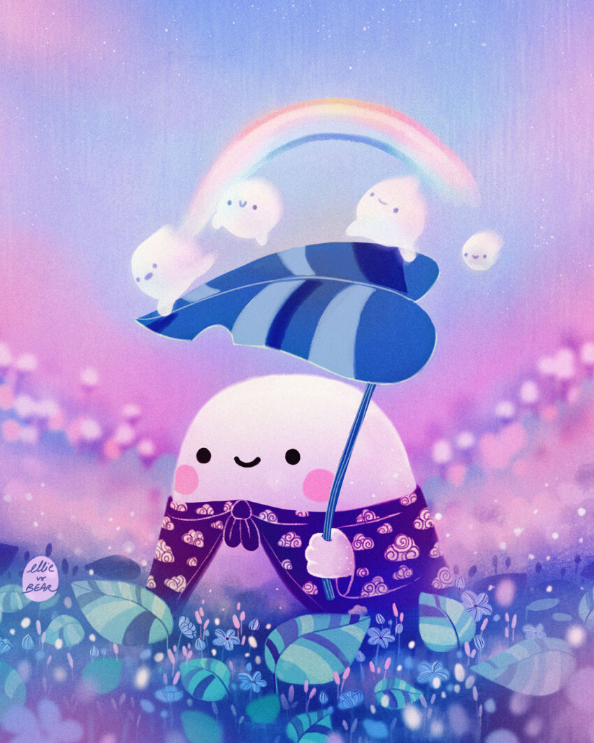 artist_name blurry commentary day depth_of_field ellievsbear english_commentary flying grass highres holding leaf original outdoors rainbow robe signature sky smile solid_circle_eyes spirit standing