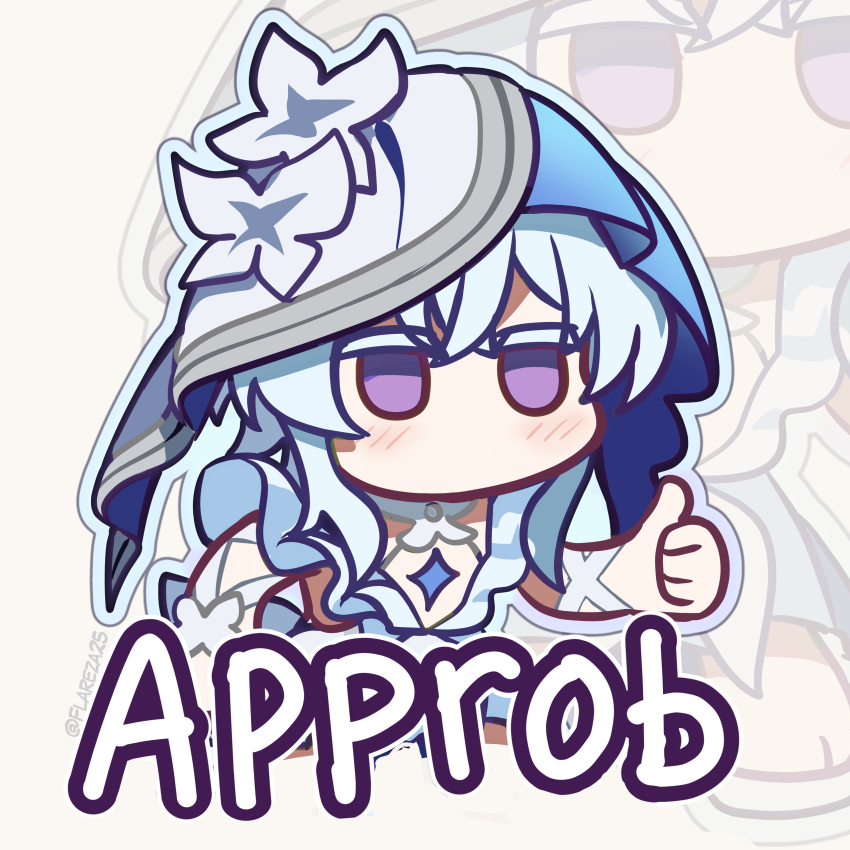 1girl absurdres blue_hair blue_veil chibi chibi_only colored_eyelashes commentary english_commentary flareza highres light_blush long_hair no_mouth purple_eyes shorekeeper_(wuthering_waves) solo thumbs_up twitter_username two-tone_veil veil white_veil wuthering_waves