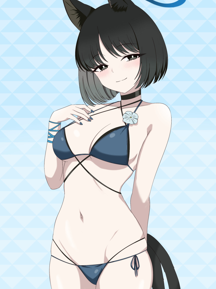 1girl absurdres alternate_costume animal_ears arm_behind_back bikini black_choker black_hair blue_archive blue_bikini blue_nails blush breasts cat_ears cat_girl cat_tail choker cleavage closed_mouth commentary grey_eyes highres kikyou_(blue_archive) kikyou_(swimsuit)_(blue_archive) kuro_hopper large_breasts multiple_tails navel parted_bangs short_hair smile solo stomach swimsuit tail two_tails