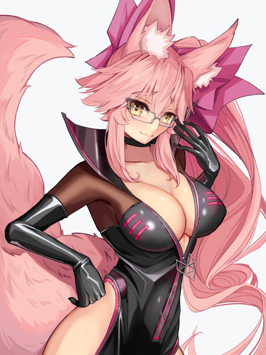 1girl absurdres animal_ear_fluff animal_ears black_bodysuit blush bodysuit bow breasts center_opening choker cleavage fate/grand_order fate_(series) fox_ears fox_girl fox_tail glasses hair_between_eyes hair_bow highres hip_vent kapi-san koyanskaya_(assassin)_(first_ascension)_(fate) koyanskaya_(fate) large_breasts long_hair looking_at_viewer pink_bow pink_hair ponytail sidelocks smile solo tail tamamo_(fate) yellow_eyes