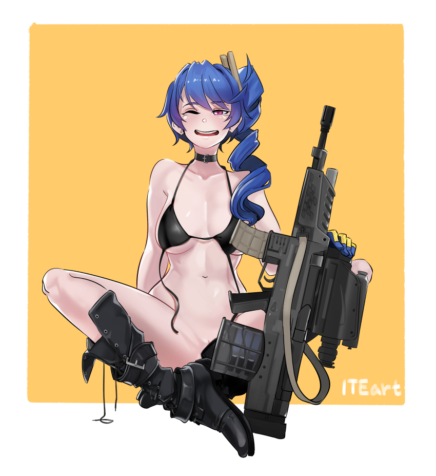 1girl 20x30mm_lv 20x30mm_lv_p_k168 absurdres airburst_grenade_launcher ammunition anti-materiel_cartridge artist_name assault_rifle belt_boots black_boots blue_gloves blue_hair blush bolt-action_grenade_launcher bolt_action boots bottomless breasts bullpup burst_fire_gun burst_fire_rifle cannon_cartridge carbine choker collarbone computerized_scope daewoo_k11 earrings explosive girls&#039;_frontline gloves grenade grenade_cartridge grenade_launcher gun highres indian_style jewelry k11_(girls&#039;_frontline) leather_choker long_hair medium_breasts messy_hair military_cartridge multi-weapon multiple-barrel_gun navel one_eye_closed open_mouth orange_background practice_round precision-guided_firearm red_eyes rifle scope side_ponytail sight_(weapon) single_earring sitting smile solo subsonic_ammunition teeth telescopic_sight thermal_weapon_sight two-tone_background two-tone_gloves underbarrel_assault_rifle underbarrel_rifle untied_bikini_top upper_teeth_only weapon white_background yan_jhia yellow_gloves