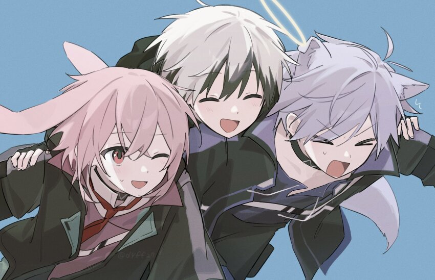 &gt;_&lt; 3boys adnachiel_(arknights) animal_ears ansel_(arknights) arknights black_hair black_jacket black_shirt blue_background closed_eyes colored_tips commentary english_commentary fox_boy fox_ears fox_tail halo happy highres jacket leaning_forward long_sleeves lop_rabbit_ears male_focus multicolored_hair multiple_boys necktie odjikasu one_eye_closed open_mouth pink_eyes pink_hair purple_hair rabbit_ears red_necktie shirt short_hair simple_background smile steward_(arknights) tail tilted_halo traditional_halo upper_body white_hair