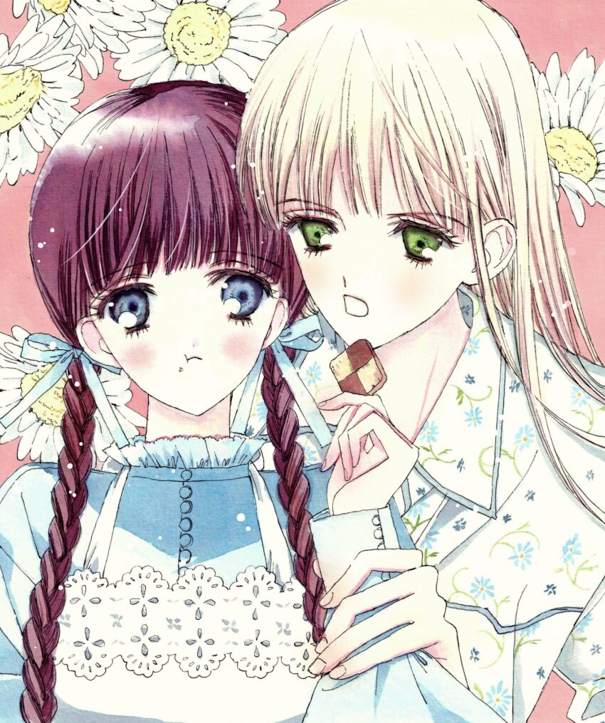 2girls blonde_hair braid cookie feeding floral_background food hair_ribbon highres holding holding_another&#039;s_wrist holding_cookie holding_food long_hair multiple_girls nui_nakato original red_hair ribbon twin_braids