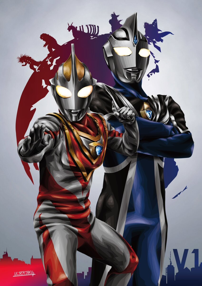 2boys alien armor artist_name black_skin blue_gemstone blue_skin breastplate building city clenched_hand color_timer colored_skin commentary compound_eyes continents cowboy_shot crossed_arms dorsal_fin fighting_stance forehead_jewel gem glowing glowing_eyes gold_trim gomenos gradient_background grey_background hands_up highres kaiju legs_apart looking_ahead looking_at_viewer mizunoe-no-ryuu monster multicolored_skin multiple_boys outstretched_arm red_skin shazak shoulder_armor signature silhouette silver_skin silver_trim skyline skyscraper standing tigris_(ultra_series) tokusatsu toned toned_male ultra_series ultraman_agul ultraman_gaia ultraman_gaia_(series) ultrataku white_background wrinkled_skin yellow_eyes zonnel