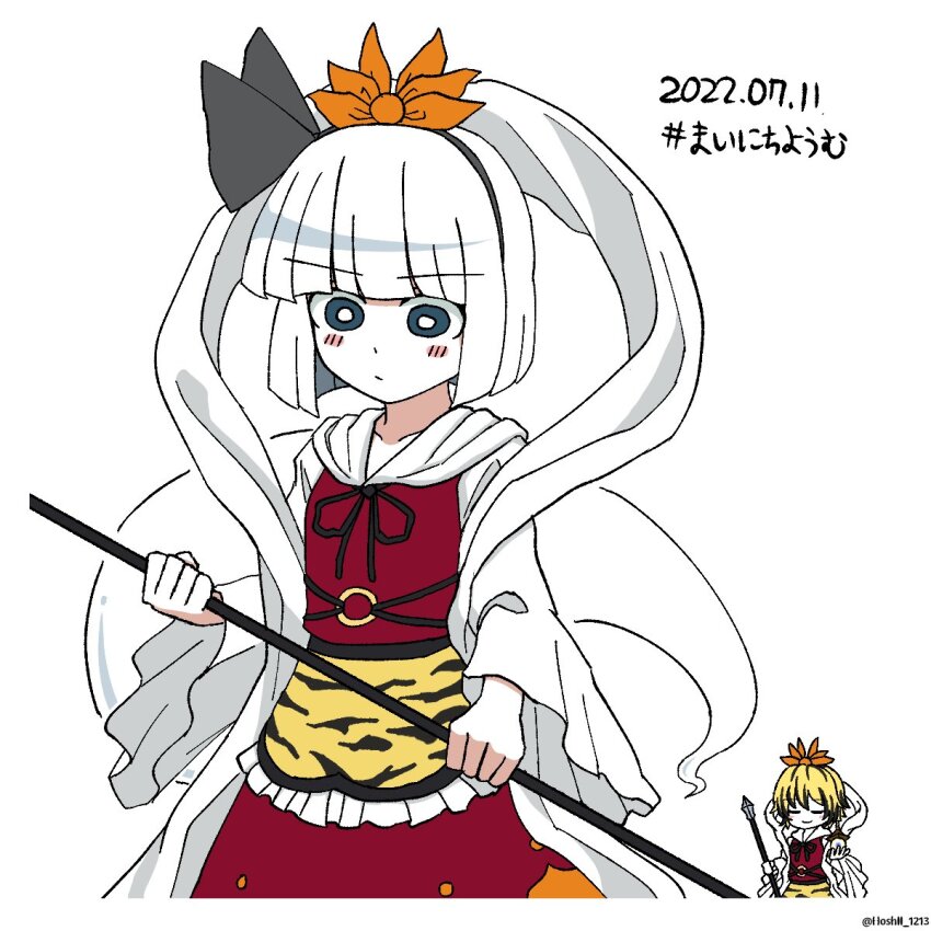 2girls animal_print bishamonten&#039;s_spear black_eyes black_hair black_hairband blonde_hair bright_pupils commentary cosplay dated ghost hair_ornament hairband highres holding hoshii_1213 konpaku_youmu konpaku_youmu_(ghost) long_sleeves multicolored_hair multiple_girls polearm shawl short_hair simple_background solo_focus spear streaked_hair tiger_print toramaru_shou toramaru_shou_(cosplay) touhou twitter_username weapon white_background white_hair white_pupils
