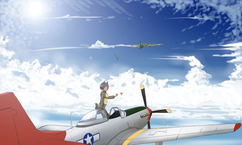 1girl aircraft airplane animal_ears b-17 bird cloud contrail dark-skinned_female dark_skin day escort_fighter female_focus flying highres hu_sea military military_vehicle original p-38_lightning p-51_mustang parachute propeller_fighter sky solo strike_witches tail vehicle_focus world_war_ii world_witches_series