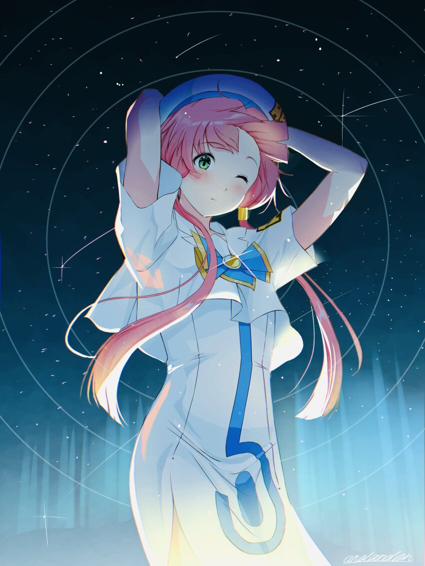 1girl andanden aria_(manga) aria_company_uniform arms_up beret blue_bow blue_bowtie blush bow bowtie closed_mouth cowboy_shot dress eyelashes gold_trim green_eyes hair_tubes hat highres impossible_clothes impossible_dress mizunashi_akari night night_sky one_eye_closed sailor_collar shooting_star short_hair_with_long_locks short_sleeves side_slit signature sky solo star_(sky) starry_sky white_dress white_hat