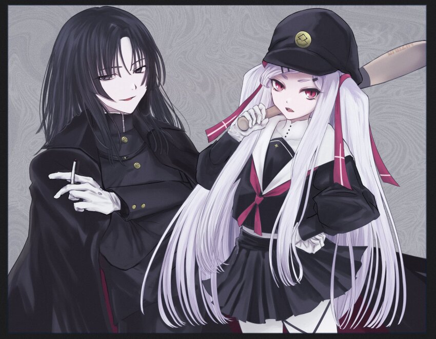 1boy 1girl baseball_bat black_eyes black_hair black_shirt black_skirt cigarette cowboy_shot gakuran gakuseibou geminism gloves hair_ribbon hat highres hirosoma_shinku holding holding_baseball_bat holding_cigarette long_hair looking_at_viewer medium_hair mmntmrt neckerchief open_mouth red_eyes red_neckerchief red_ribbon ribbon sailor_collar school_uniform serafuku sharp_teeth shirt sidelocks skirt teeth tsukishiro_tsukishiro two_side_up white_gloves white_hair white_sailor_collar