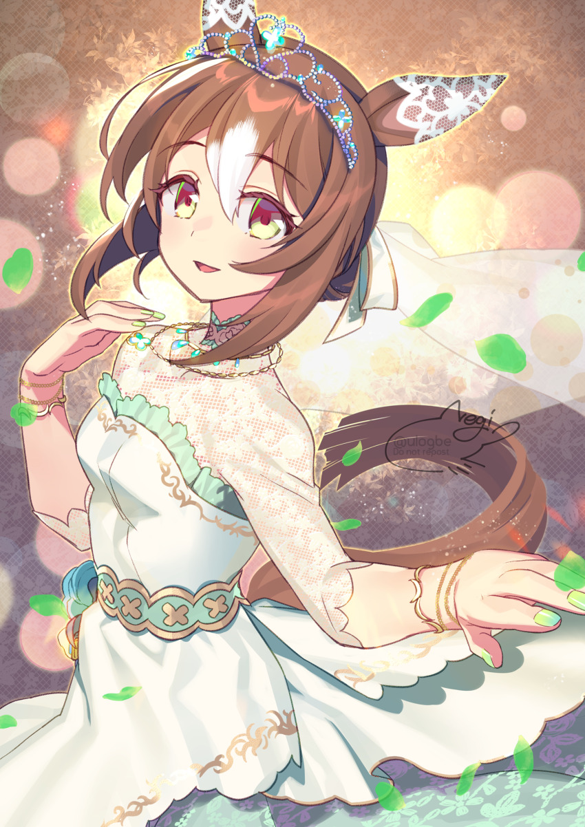 1girl alternate_costume animal_ears artist_name blush bracelet bridal_veil bride brown_hair commentary commentary_request dress ear_covers english_commentary fine_motion_(titania)_(umamusume) fine_motion_(umamusume) folded_ponytail green_dress green_eyes green_nails hair_between_eyes hair_ornament highres horse_ears horse_girl horse_tail jewelry lace_shirt lace_sleeves long_dress looking_at_viewer multicolored_hair nail_polish necklace negi_(ulog&#039;be) offering_hand official_alternate_costume open_mouth petals short_hair short_sleeves signature smile solo standing tail three-quarter_sleeves tiara umamusume veil wedding_dress white_dress white_hair