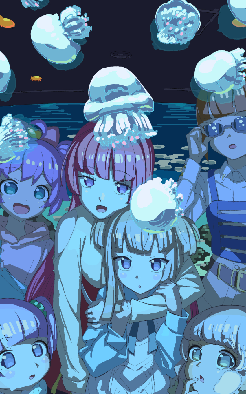 6+girls :d :o adjusting_eyewear ahoge blonde_hair blunt_bangs blunt_ends bow brown_hair commentary_request double_bun glasses hair_bow hair_bun hands_up highres hojo_sophy hug hug_from_behind jellyfish kishimen_hair long_hair long_sleeves looking_at_viewer manaka_laala manaka_laala_(normal) manaka_non manaka_non_(normal) masunikuru minami_mirei minami_mirei_(normal) multiple_girls open_mouth ponytail pretty_series pripara purple_eyes purple_hair red_hair short_hair smile taiyo_pepper tsukikawa_chili tsukikawa_chili_(normal) two_side_up water