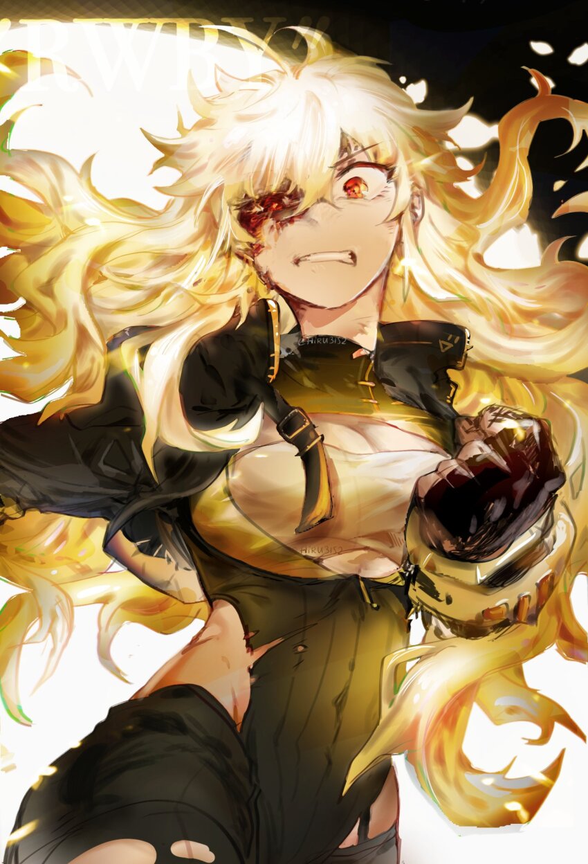 1girl ahoge alternate_costume angry artist_name bare_hips black_gloves black_jacket black_leotard bleeding blonde_hair blood blood_on_face breasts buckle cleavage cleavage_cutout clenched_hand clenched_teeth clothing_cutout collar cropped_jacket ember_celica_(rwby) eye_injury fingerless_gloves gauntlets gloves glowing glowing_hair highres hiru315 injury jacket leotard long_hair looking_at_viewer official_alternate_eye_color open_clothes open_jacket red_eyes rwby solo standing teeth torn_clothes v-shaped_eyebrows wavy_hair weapon yang_xiao_long
