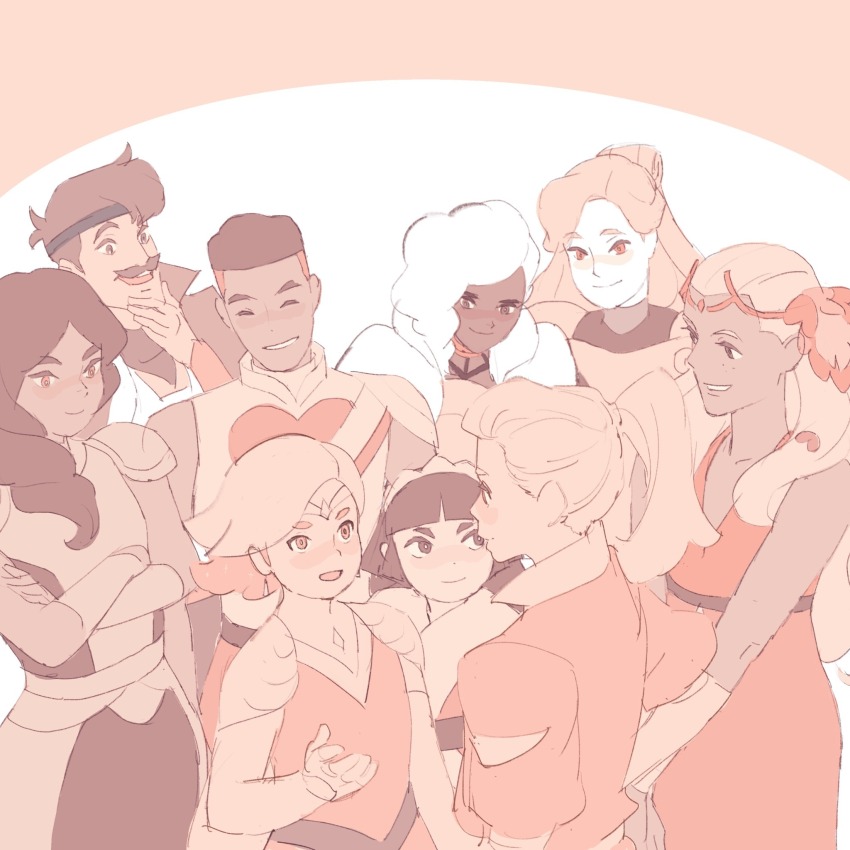 2boys 55bata6rou 6+girls adora_(she-ra) armor bow_(she-ra) circlet closed_eyes crossed_arms crown dark-skinned_female dark-skinned_male dark_skin dress facial_hair frosta glimmer_(she-ra) hand_on_own_chin heart highres limited_palette long_hair looking_at_another mermista multiple_boys multiple_girls mustache netossa open_mouth perfuma_(she-ra) ponytail sea_hawk_(she-ra) she-ra_and_the_princesses_of_power shirt short_hair shoulder_armor smile spinnerella standing stroking_own_chin
