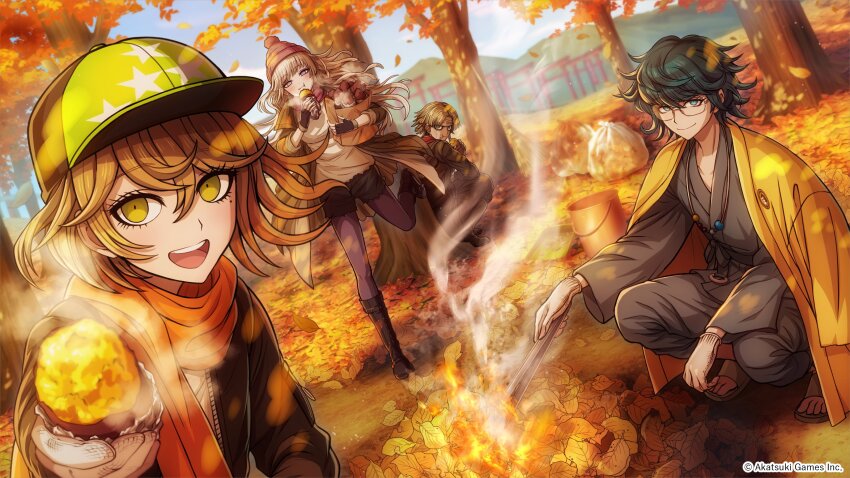 1girl 3boys absurdres artist_request autumn autumn_leaves bag baseball_cap beanie black_boots black_gloves black_jacket black_shorts blonde_hair blue_eyes blue_hair blush boots brown_hair burning copyright_notice crumbs eating falling_leaves fingerless_gloves food glasses gloves green_eyes green_hat grey_hair grey_kimono grey_pants haneda_kiyoshiro haori hat highres holding holding_bag holding_food jacket japanese_clothes jewelry kimono leaf leaf_pile long_hair looking_at_viewer mole mole_under_eye mountainous_horizon multiple_boys necklace official_art orange_scarf outdoors pants pantyhose paper_bag purple_hat purple_pantyhose purple_scarf red_scarf sandals scarf shirokane_haru shirt short_hair shorts sky smile smoke smoke_trail steaming_food sweet_potato teeth torn_clothes torn_shirt trash_bag tree tribe_nine ueno_yajirobe white_gloves white_shirt yellow_haori yukigaya_enoki