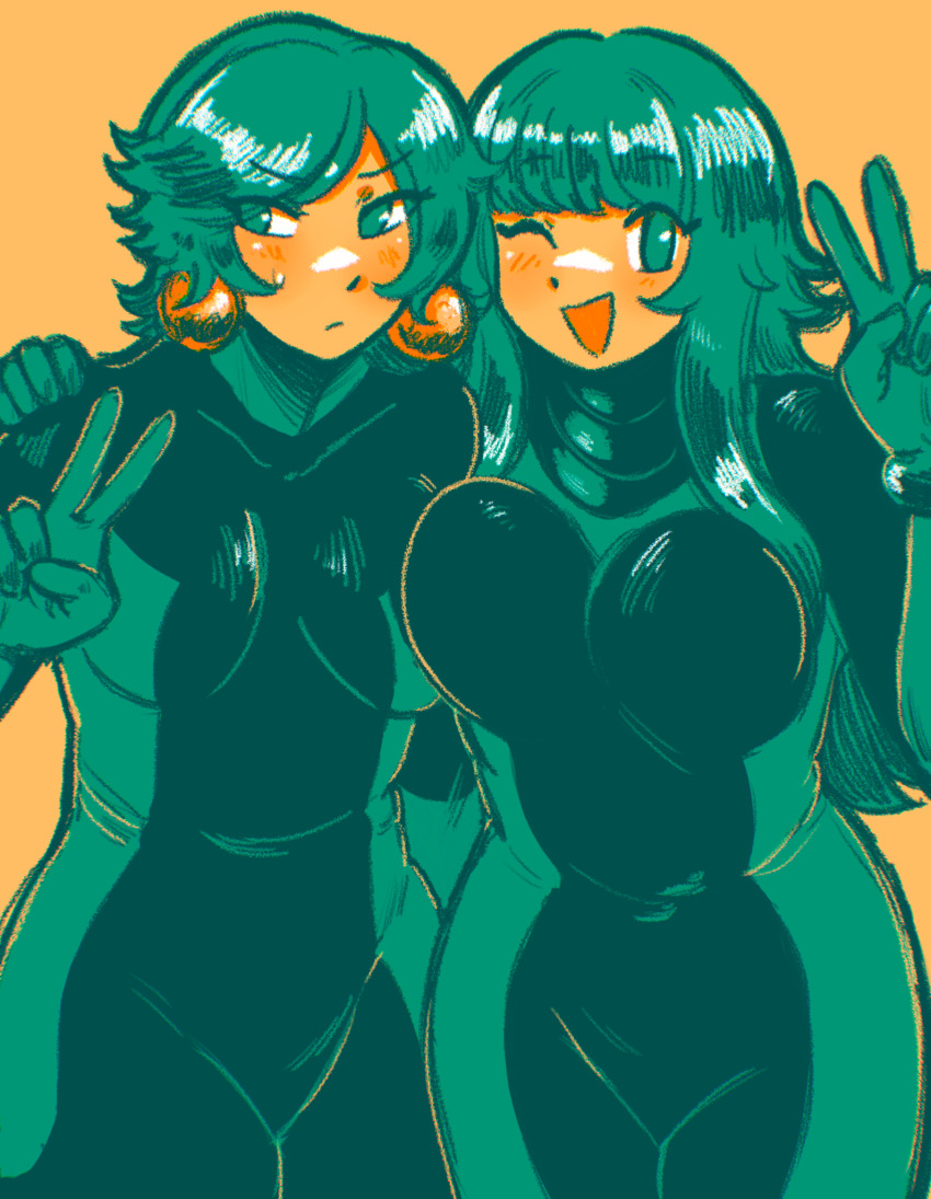 2girls blush bodysuit breasts closed_mouth dori_(zeroranger) earrings green_eyes green_hair hand_on_another&#039;s_shoulder highres jewelry large_breasts long_hair looking_at_viewer mido_(zeroranger) multiple_girls one_eye_closed open_mouth pie_(aipiepo) short_hair smile sweatdrop v zeroranger