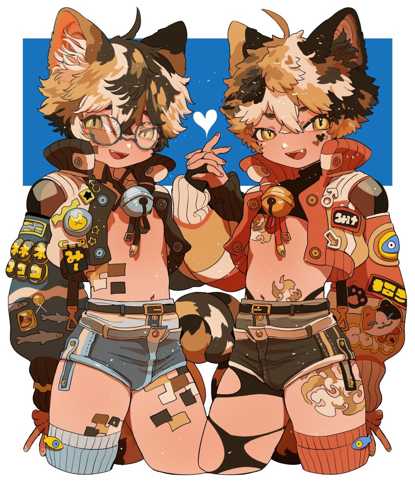 2boys absurdres animal_ear_fluff animal_ears bell blue_background brothers brown_hair brown_jacket brown_shorts calico cat_boy cat_ears cat_tail commentary_request cowboy_shot crop_top cropped_jacket cropped_legs fangs glasses hand_up heart high_collar highres holding_hands jacket long_sleeves looking_at_viewer male_focus multiple_boys neck_bell open_mouth orange_hair orange_jacket original puffy_long_sleeves puffy_sleeves shima_(wansyon144) short_hair short_shorts shorts siblings single_thighhigh slit_pupils tail thighhighs trap twins very_short_hair yellow_eyes