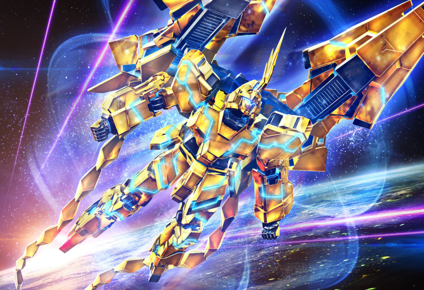 artist_request assault_visor blue_visor clenched_hands energy energy_beam energy_field glint glowing gundam gundam_narrative machinery mecha mecha_focus mobile_suit no_humans official_art promotional_art realistic robot science_fiction solo space unicorn_gundam_phenex