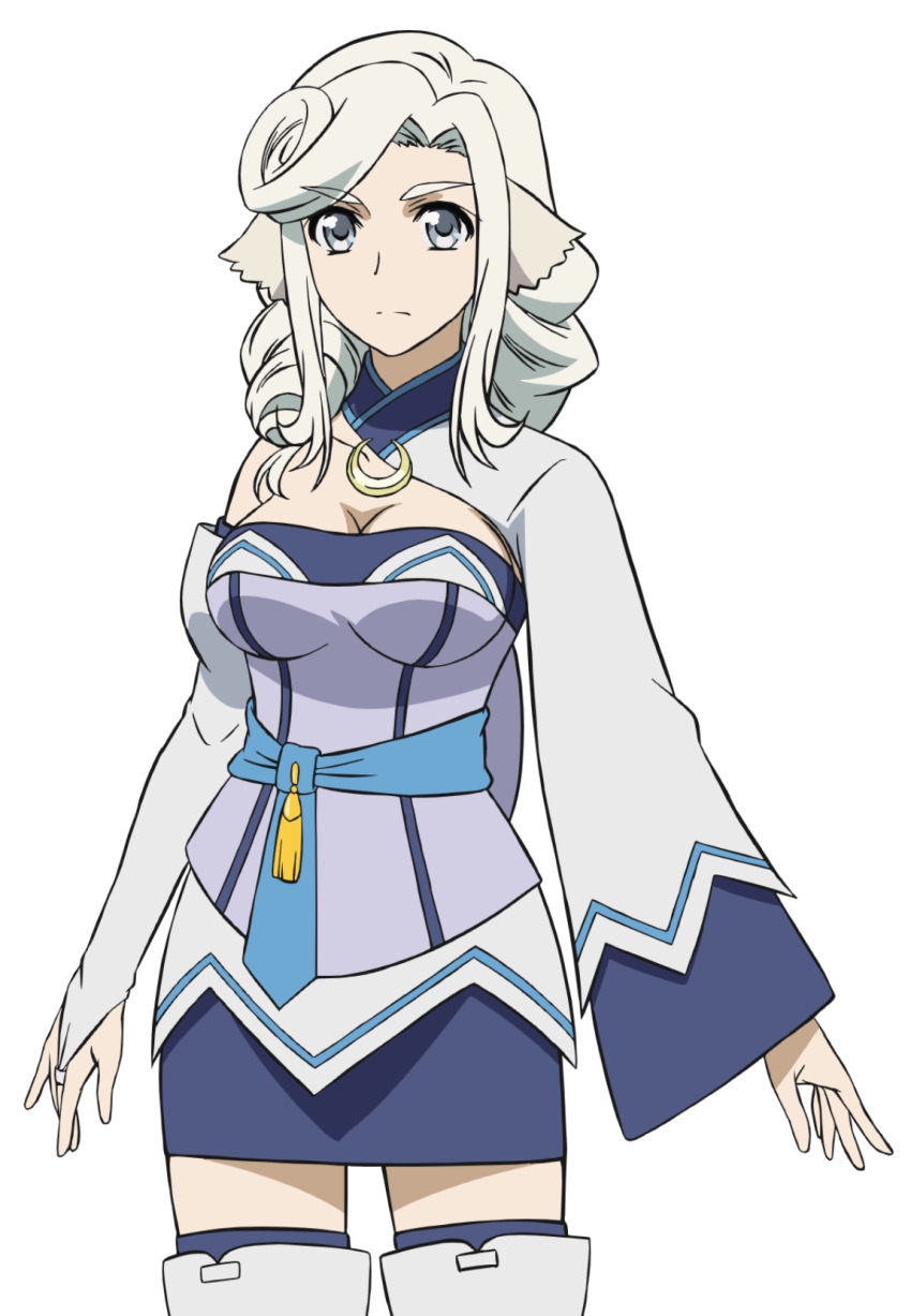 1girl ainu_clothes animal_ears aquaplus boots breasts cleavage closed_mouth collarbone cowboy_shot curly_hair grey_eyes hair_over_shoulder highres jewelry large_breasts long_sleeves medium_hair munechika nakata_masahiko necklace official_art sidelocks single_sleeve skirt solo standing strapless swept_bangs thigh_boots thighhighs thighs transparent_background tube_top utawarerumono utawarerumono:_futari_no_hakuoro utawarerumono:_itsuwari_no_kamen white_fox_(company) white_hair wide_sleeves
