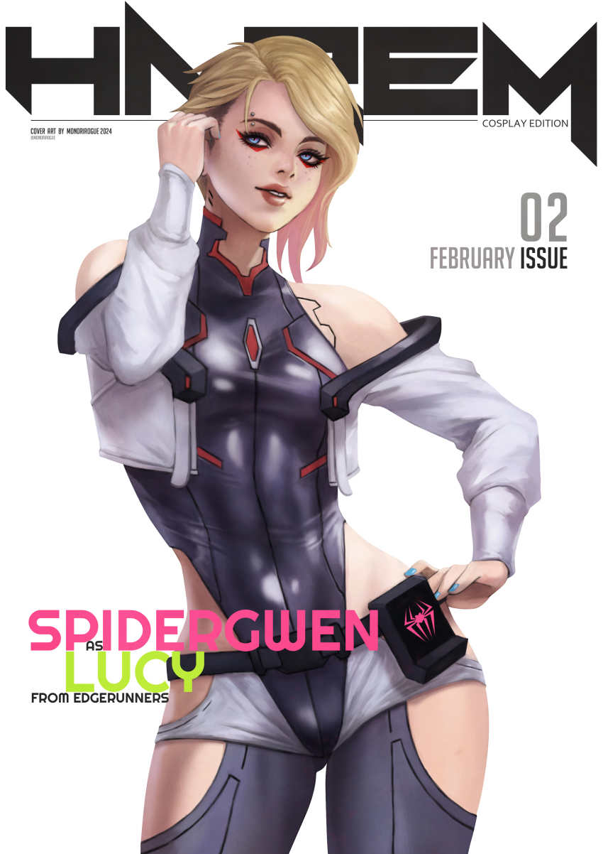1girl 2024 absurdres animal_print artist_name blonde_hair blue_eyes blue_nails character_name commentary copyright_name cosplay cyberpunk_(series) cyberpunk_edgerunners english_commentary eyebrow_piercing february gwen_stacy highres lucy_(cyberpunk) lucy_(cyberpunk)_(cosplay) marvel monori_rogue piercing solo spider-man_(series) spider_print